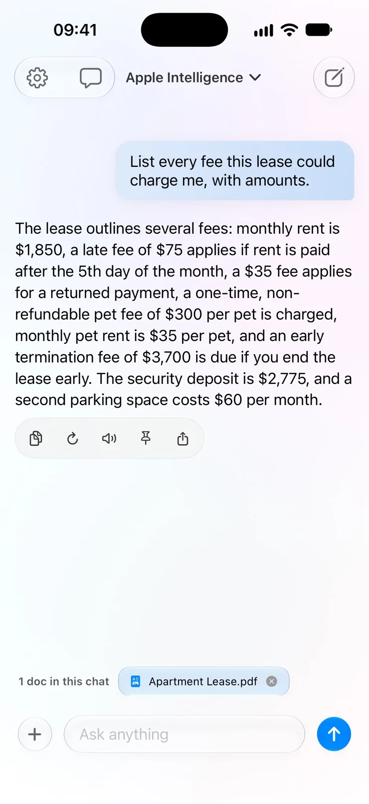 Own AI listing every fee in an attached apartment lease, with the document chip above the composer